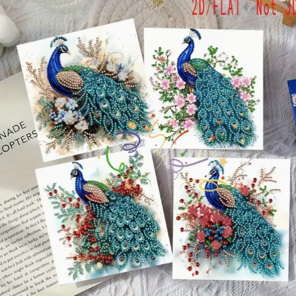 Diamond Painting 6 Stück Pfau und Blumenkarten 